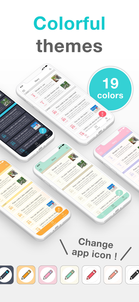 A display of 19 different theme colors and customizable app icon options for the Simple Diary journal app.