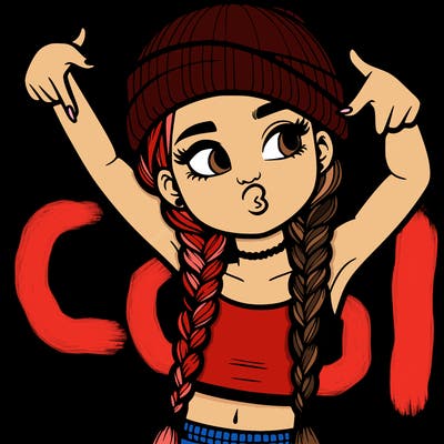 realistic teenage girl with braids and a beanie and crop top doing 🫶🏼