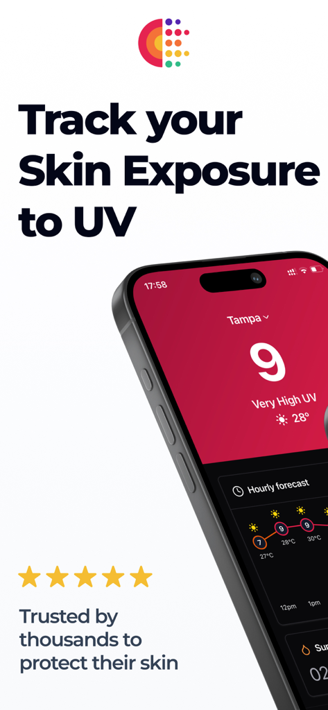 Suncap - UV Index - Suncap 앱 화면에 피부 보호 및 모니터링을 위한 매우 높은 UV 지수가 표시됩니다.