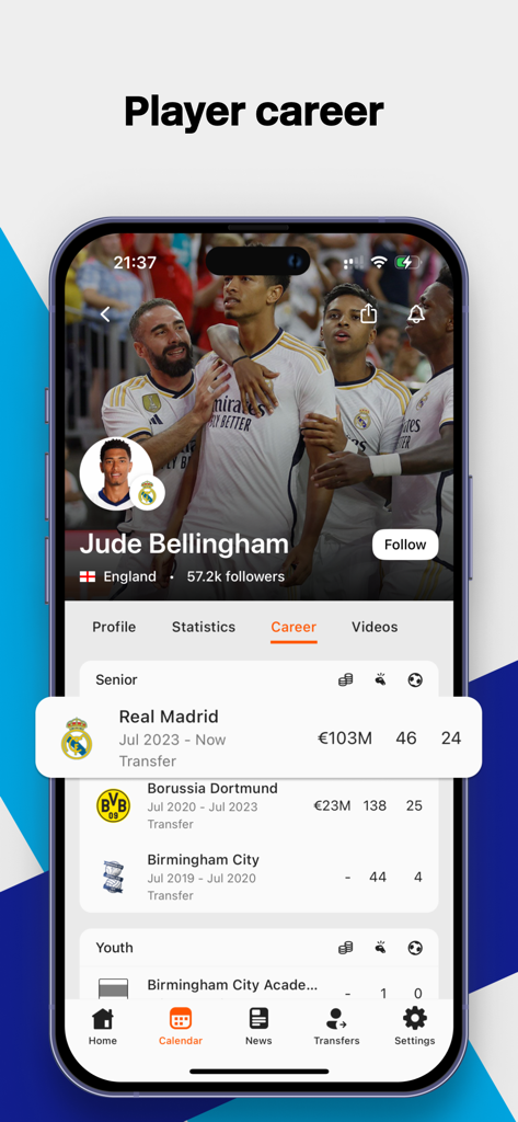 Forza Football - Live Scores - Player career profile for Jude Bellingham on the Forza Football app showing transfer history and stats.
