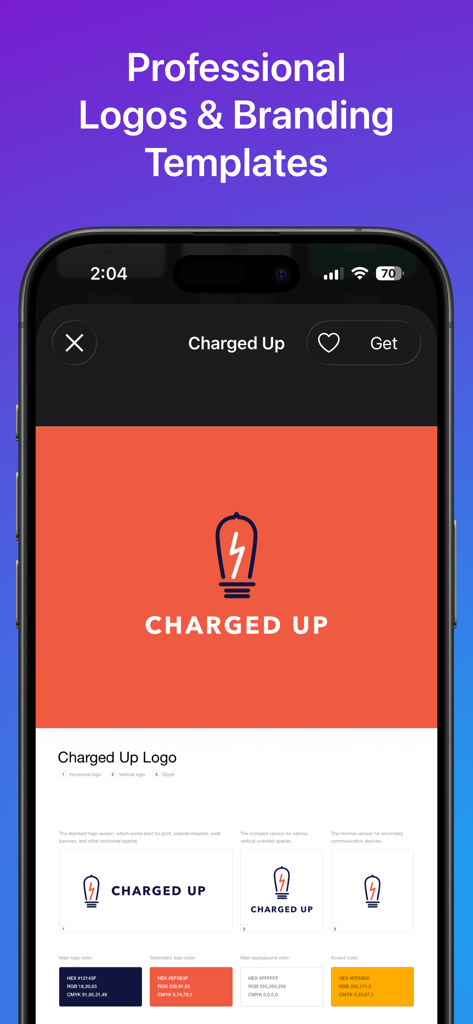 Templates for Canva - Templates for CanvaアプリのiPhoneに表示されるCharged Upロゴブランディングテンプレート