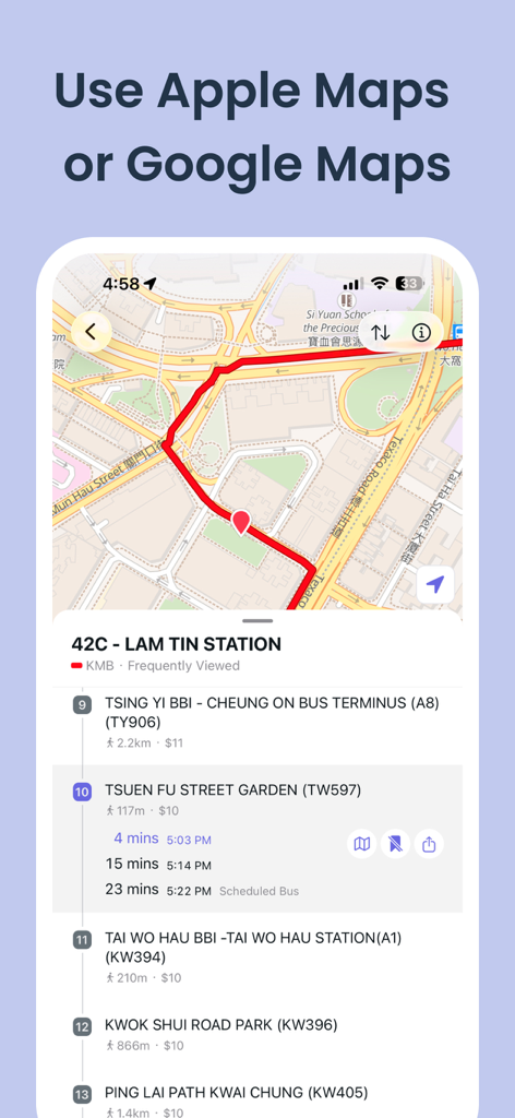 HK Bus Time - HK Bus Time app displaying a bus route map and arrival schedule