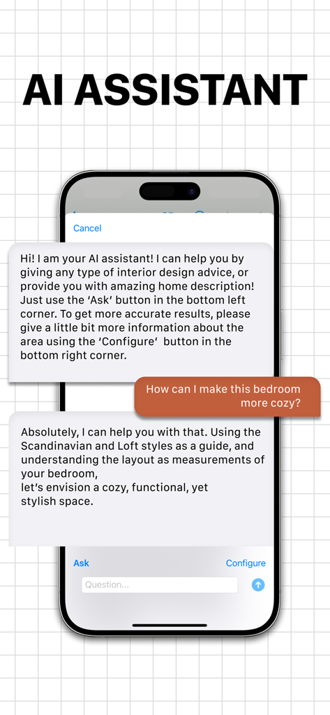 Interface de bate-papo do assistente de design de interiores com IA no aplicativo CamPlan