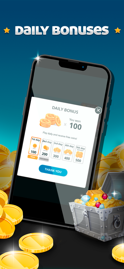 Daily bonuses screen in the Cacheta card game app featuring gold coin rewards.
