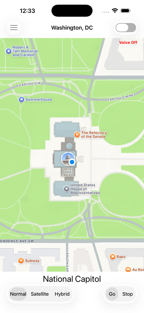 Vista del mapa que muestra la ubicación actual en el Capitolio de los Estados Unidos en la aplicación Here I Am Now