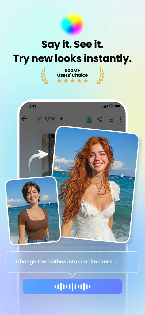A demonstration of the Fotor AI Agent changing a woman's outfit to a white dress using a voice command