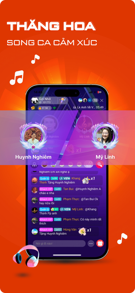 Yokara app interface showing a live duet session with two singers and a real-time chat with gifts