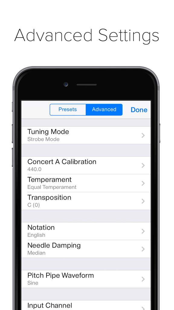 Advanced settings menu in the insTuner app showing options for tuning mode calibration and historical temperaments.