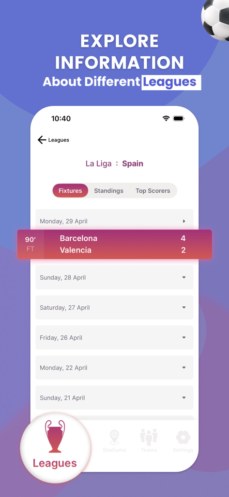 Nova Soccer : Live Sport Score - Interfaccia dell'app Nova Soccer che mostra i calendari della Liga e i risultati delle partite per Barcellona vs Valencia