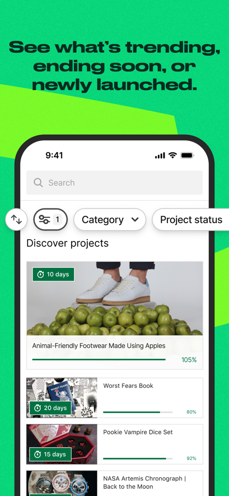 Kickstarter: Projects You Love - Kickstarter app screen showing trending crowdfunding projects with filtering options and project status