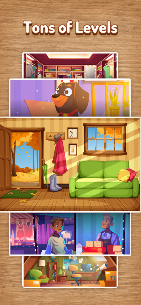 Find the Difference HD - A stack of colorful cartoon-style puzzle levels featuring living rooms, animals, and shops in the Find the Difference HD app.