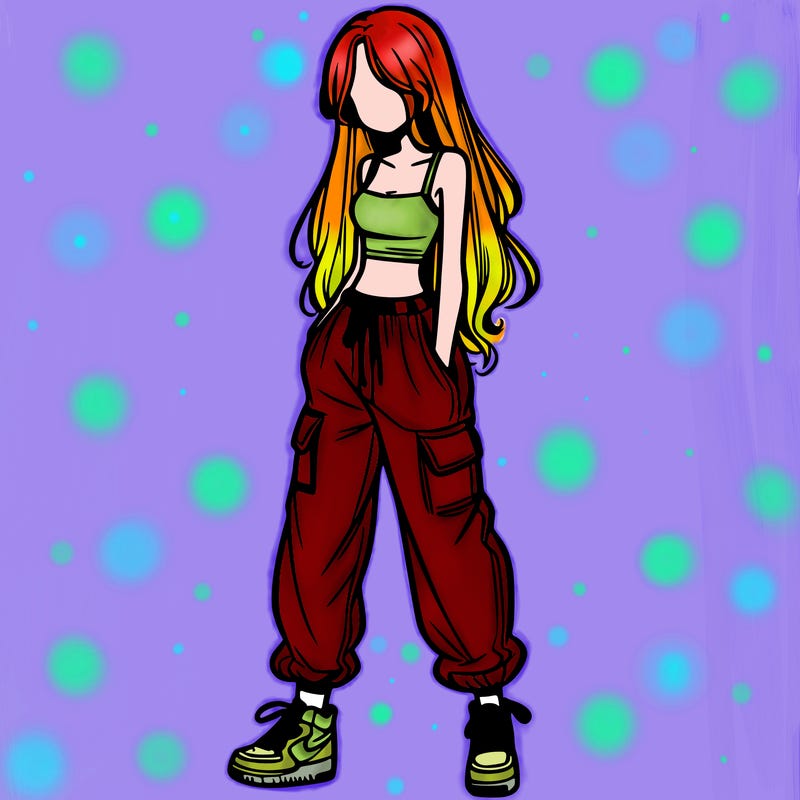 girl in baggy pants crop top and long hair