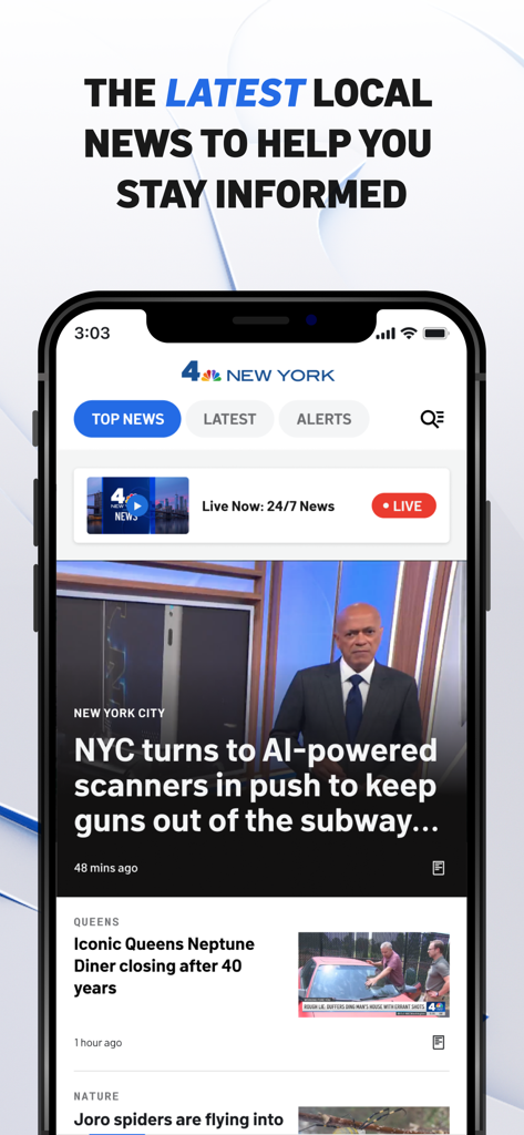 NBC 4 New York: News & Weather - Captura de pantalla de la aplicación móvil NBC 4 New York que muestra las principales noticias locales y una transmisión de noticias en vivo.