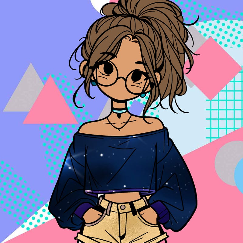 girl with a messy ponytail glasses a baggy crop top and jean shorts