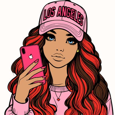 realistic beautiful girl wearing los ángeles cap holding an iphone