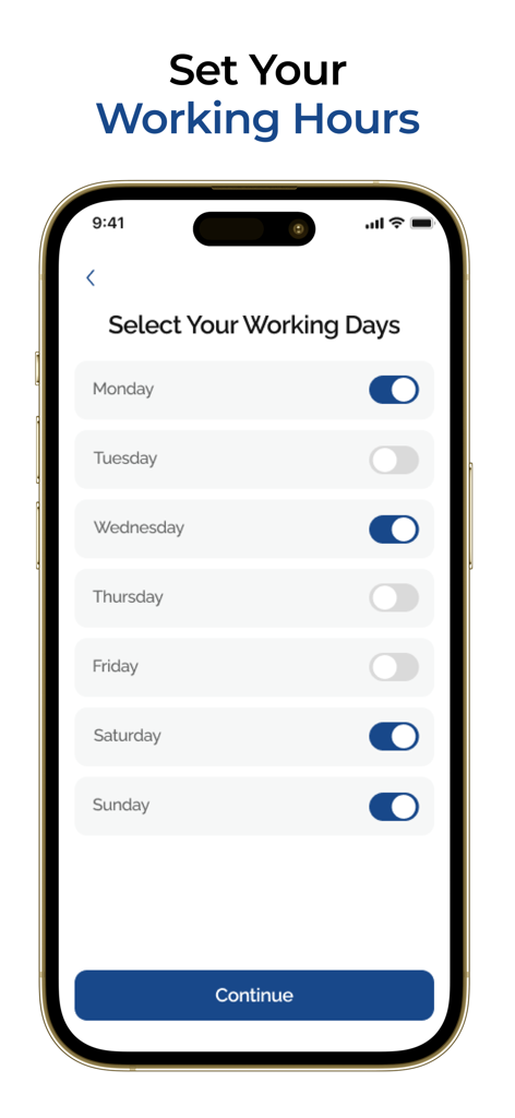 School TaskFlow - Task manager - School TaskFlow app screen for selecting working days with toggles for each day of the week
