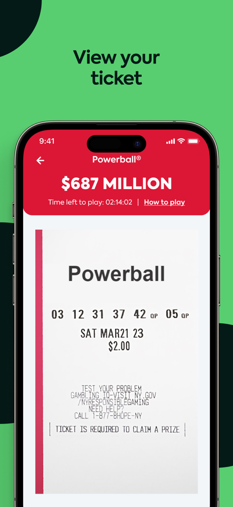 A mobile screen from the Jackpot Lottery App displaying a digital scan of a Powerball ticket for a 687 million dollar drawing.