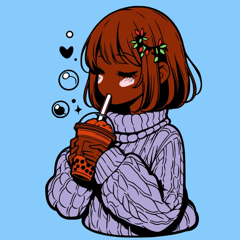 manga girl drinking boba in cozy sweater