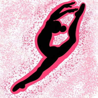 gymnast doing a leap in a leotard with a bent back leg