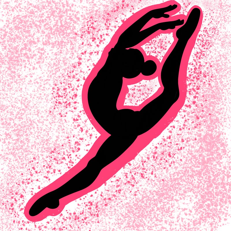 gymnast doing a leap in a leotard with a bent back leg