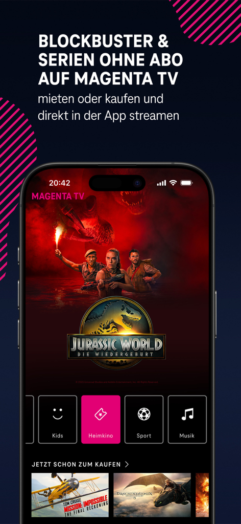 MagentaTV: TV & Streaming - MagentaTV mobile app interface showing the Heimkino section with blockbuster movies like Jurassic World available for rent or purchase.