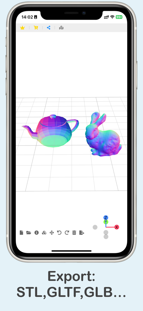 3D Model Viewer & Converter - Mobile app interface showing a 3D teapot and rabbit model with export format options