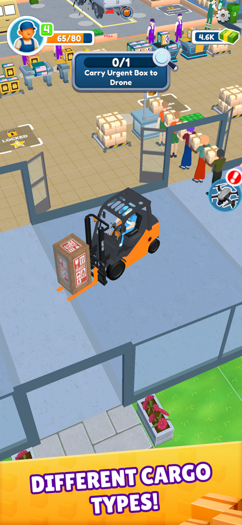 Cargo Boom Game - A forklift transporting a fragile cargo box in a busy warehouse environment in Cargo Boom Game