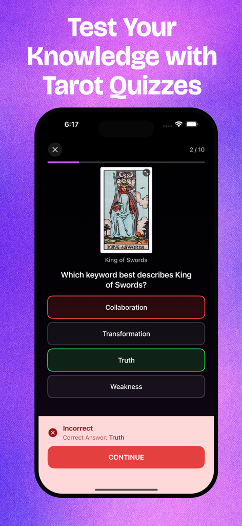 TarotLingo - A mobile screen showing a tarot knowledge quiz in the TarotLingo app with the King of Swords card.