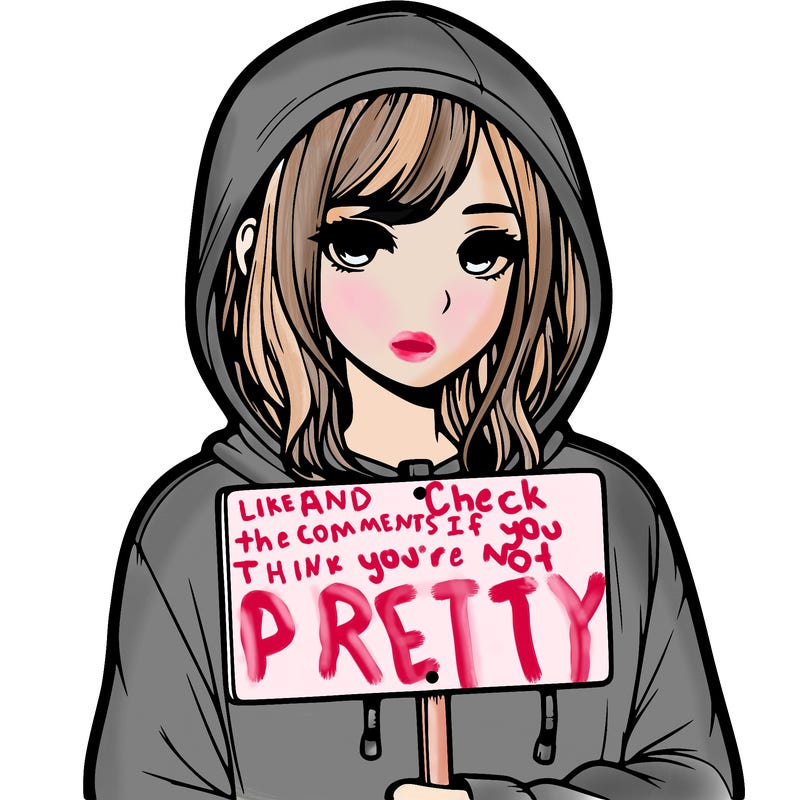 realistic girl with shoulder length hair wearing a hoodie holding a sign