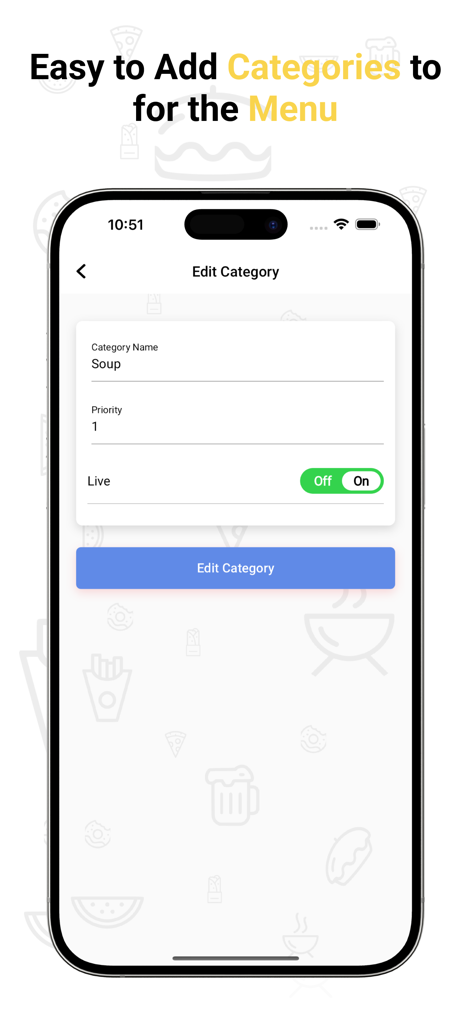 Interface de l'application Smart Menu montrant un formulaire pour modifier une catégorie de menu comme la soupe