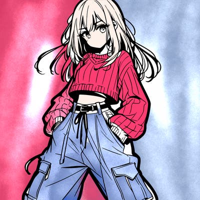 anime teen girl with baggy pants and crop top with sweater