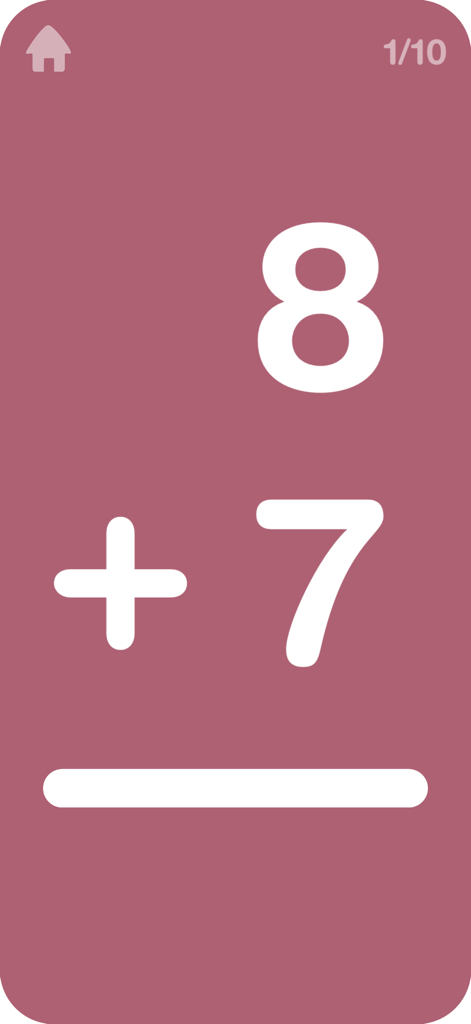 A digital math flashcard showing the addition problem 8 plus 7 on a mauve background.
