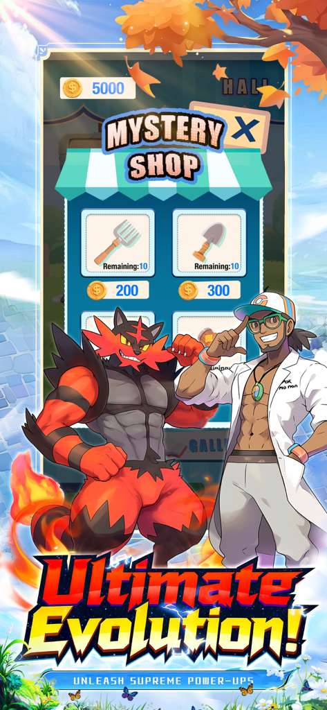 MegaPets Converge in-game mystery shop interface featuring tools for purchase and an evolved feline creature alongside a character.