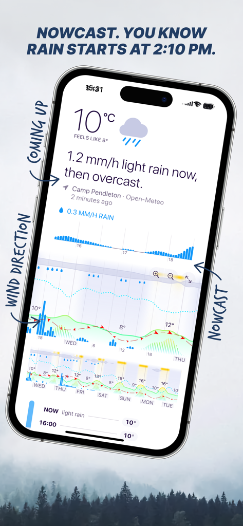 Weathergraph iPhone app interface showing detailed weather graphs and rain start time predictions