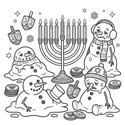 Discover a heartwarming and humorous Hanukkah coloring page featuring an array of melting snowmen amidst festive symbols. This unique design blends winter charm with holiday traditions for a truly special coloring experience.