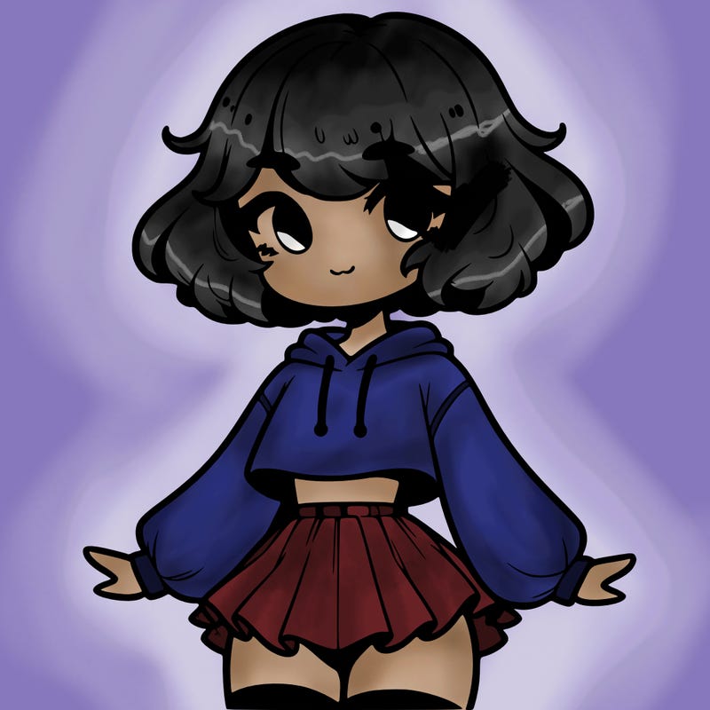 cute femboy with short, fluffy hair that softly frames their face, wearing a cropped hoodie, paired with a flouncy short skirt, and thigh-high stockings