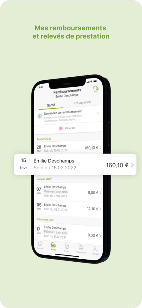 Mutuelle MGEN Espace personnel - Interface de l'application MGEN affichant une liste de remboursements de soins de santé et de relevés de prestations sur un écran de smartphone.