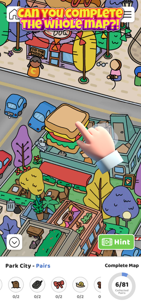 숨겨진 물건을 찾아야 하는 활기찬 만화 도시 지도를 보여주는 Scavenger Hunt 게임 플레이 스크린샷
