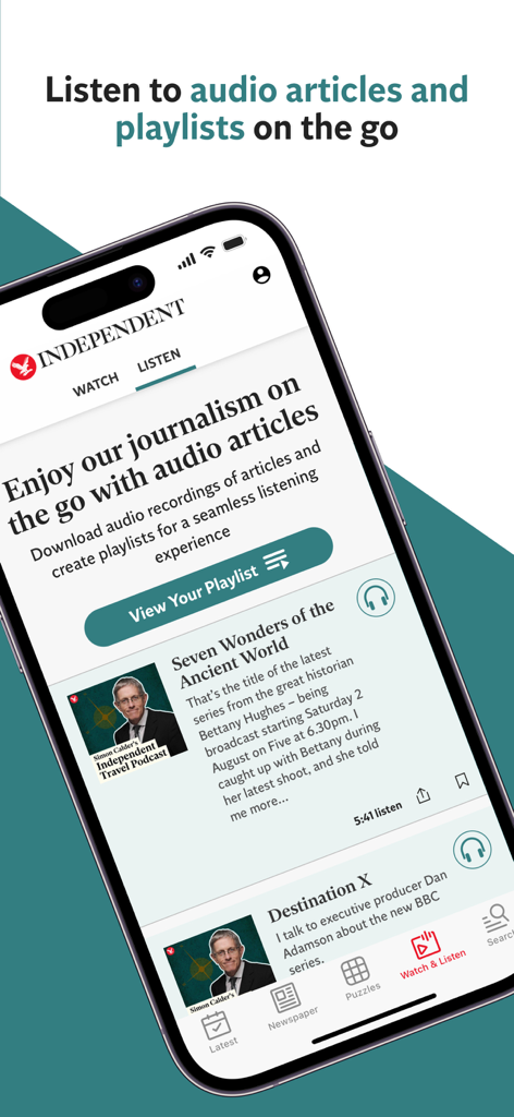 The Independent: Breaking News - iPhone画面に、オーディオ記事とニュースプレイリストを表示するThe Independentアプリのインターフェース。