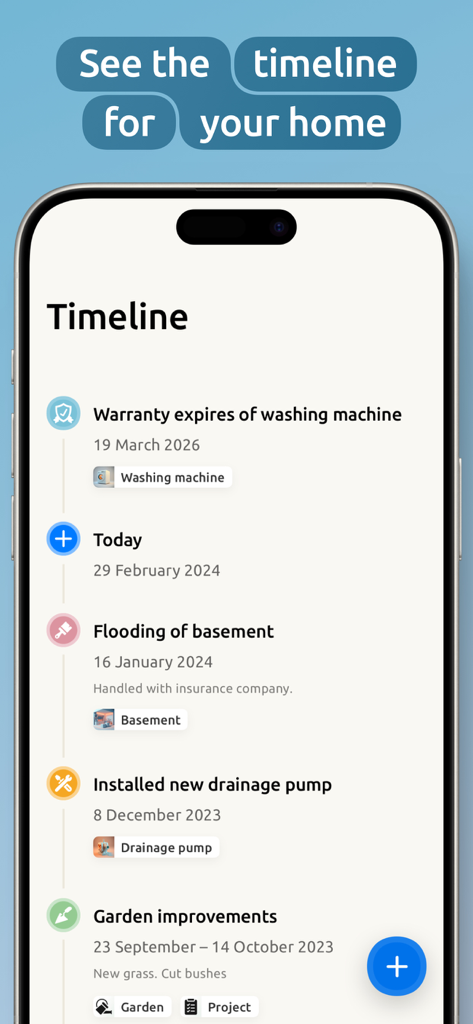 Homer: The Home Management App - Uno screenshot dell'app Homer che mostra una cronologia degli eventi domestici come scadenze di garanzie, riparazioni e miglioramenti.
