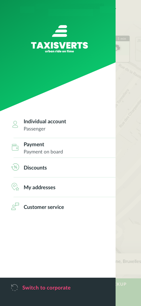 Taxis Verts Brussels - Menu de navigation latéral de l'application Taxis Verts Bruxelles montrant les options de compte et de paiement