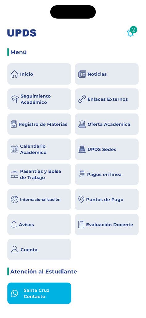 Main menu screen of the UPDS university app showing navigation tiles for academic tracking online payments and student support