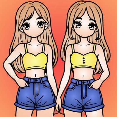 two sisters with crop tops and jean shorts and straight hair