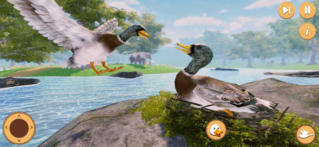 Virtual Duck Life Simulator - Zwei Enten in einem 3D-Simulatorspiel, eine sitzt in einem Nest an einem See