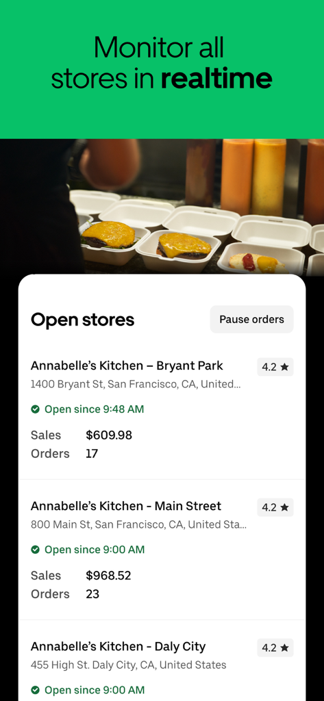 Uber Eats Manager - Panel de la aplicación móvil Uber Eats Manager que muestra ventas en tiempo real y estado de pedidos para múltiples ubicaciones de restaurantes.