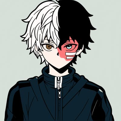 anime boy with half white half red hair and two colored eyes and a scar over his left eye wearing a track suit