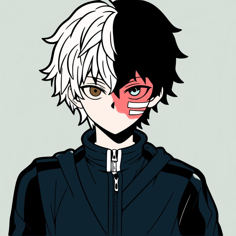 anime boy with half white half red hair and two colored eyes and a scar over his left eye wearing a track suit