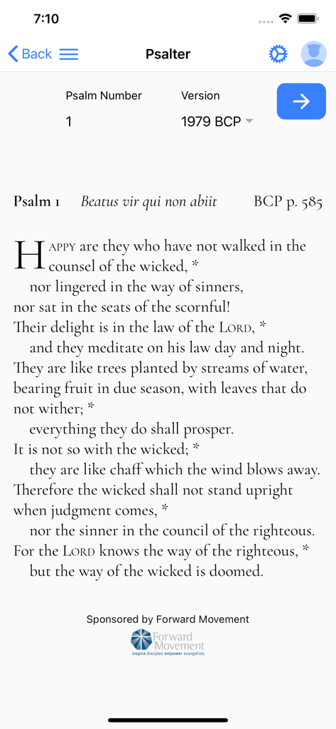 Venite.app - Venite app screen displaying Psalm 1 from the 1979 Book of Common Prayer Psalter