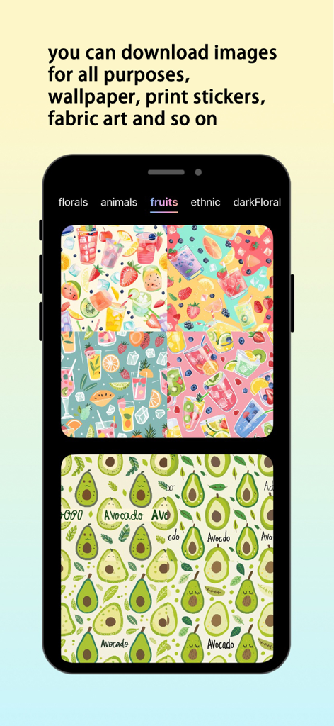 FloralTile -AI flower seamless - Una pantalla de smartphone que muestra varios patrones de frutas perfectos y perfectos de FloralTile