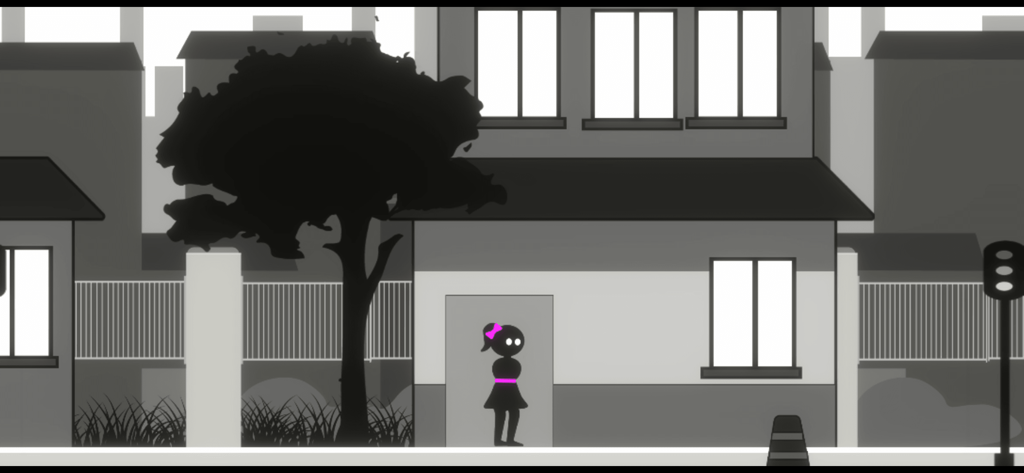 Virago: Herstory 2 - A black silhouette character named Willow with a pink bow standing in a minimalist grey and white town environment from the game Virago Herstory 2.